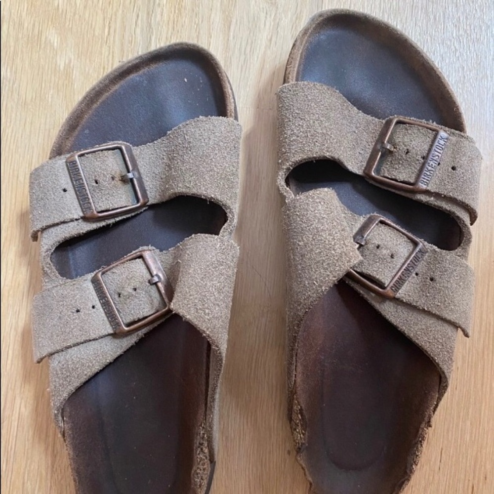 tan birkenstock arizona, well worn